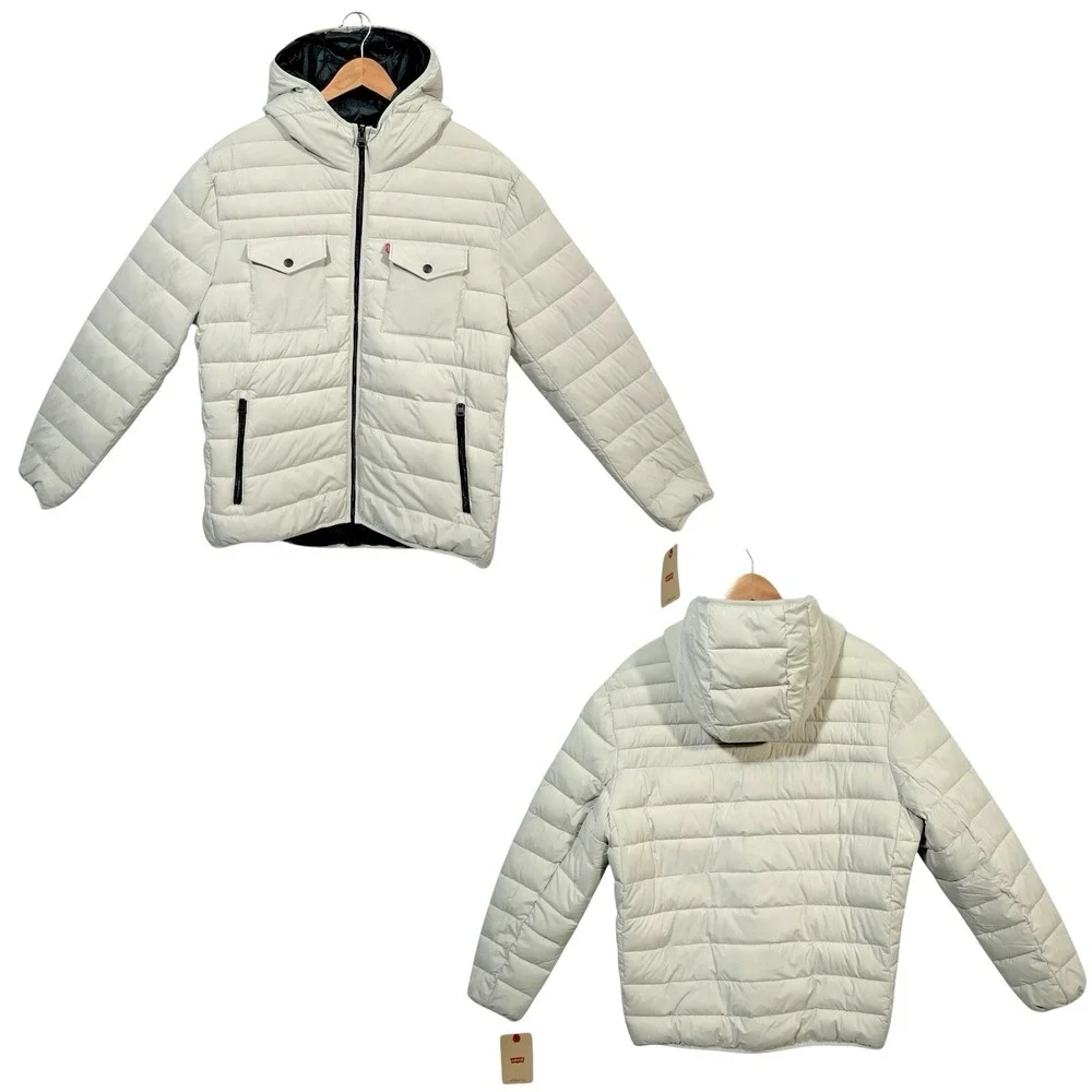 Levis Mens Stretch Quilted Puffer Jacket XL Off-White-Ice Hooded Water Resistant